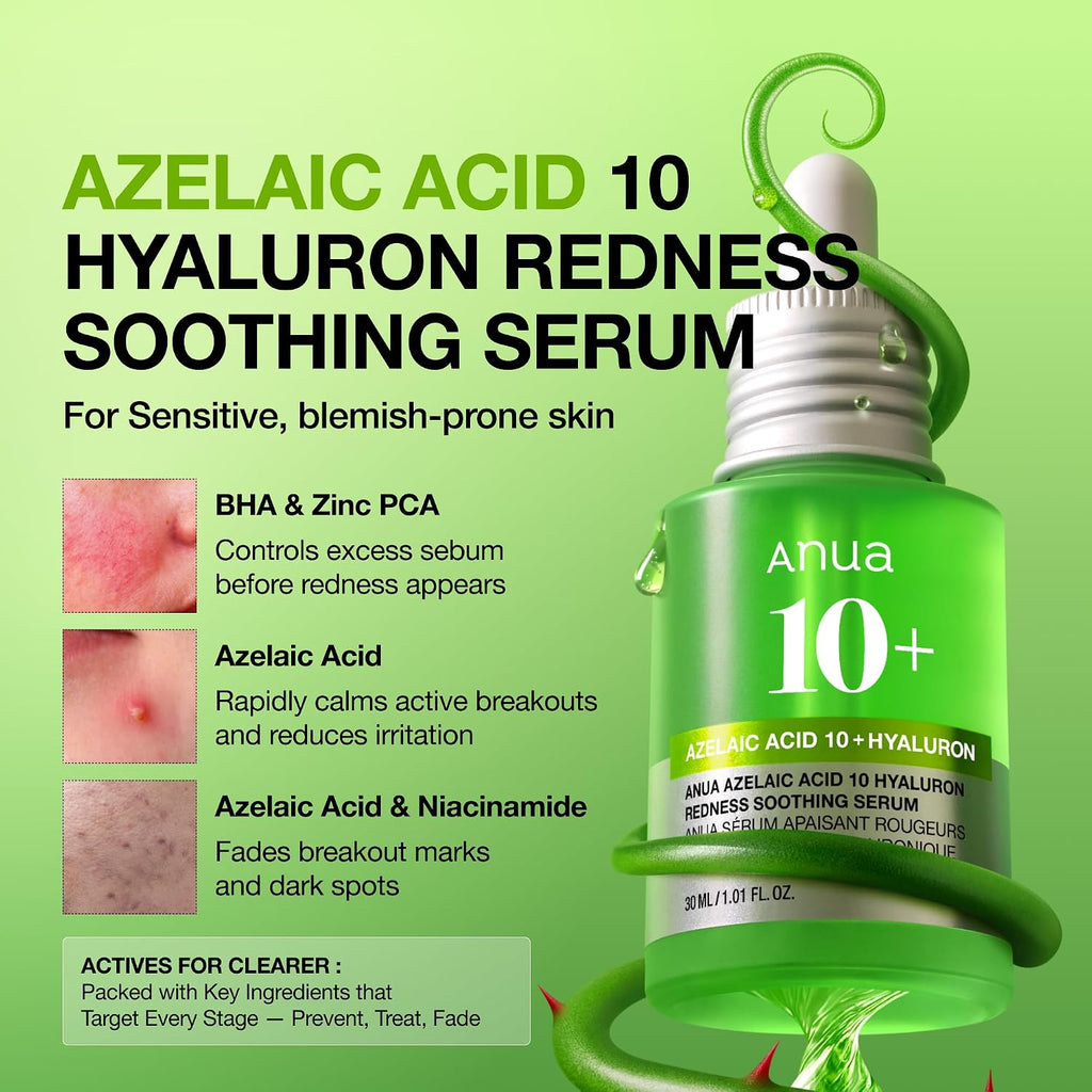 Anua Azelaic Acid 10 Hyaluron Redness Soothing Serum, Facial Serum for Blemish-Prone & Oily-Prone Skin, Lightweight & Hydrating Blemish Care, Hyaluronic Acid, Korean Skincare, 1.01 fl oz.
